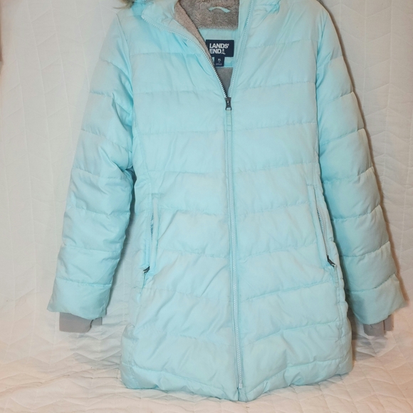 Lands' End Sky Blue Quilted Coat with Faux Fur Trim - Picture 3 of 8